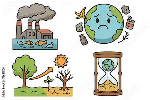 Environmental challenges icon set. Climate change and global pollution concept. Sad planet earth, water pollution, deforestation, desertification. Hourglass time running out.