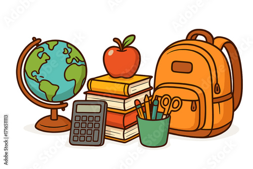 Back to school concept with educational supplies. Cartoon vector illustration of a backpack, globe, books, apple, and calculator. Learning and knowledge symbol for students.