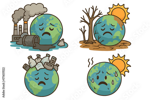 Earth Day concept. Sad planet cartoon characters suffering from environmental problems. Vector illustration set showing industrial pollution, drought, plastic waste, and global warming.