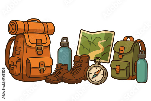 Hiking and camping equipment set for outdoor adventure. Essential gear collection with backpack, boots, map, compass and water bottle. Travel and trekking concept cartoon vector.