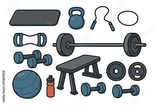 Gym equipment set for fitness and bodybuilding. Home workout concept. Flat lay sport vector icons. Barbell, dumbbell, kettlebell, weights, bench press for strength training.