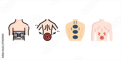 Back Pain, Back Pain icon, Back Pain Relief and Treatment Vector, Chronic Back Pain Illustration, Lower and Upper Back Pain Therapy, Muscle Pain Infographic Template Design