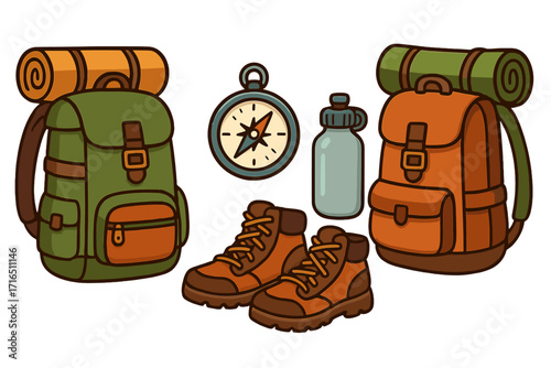 Hiking and camping equipment set. Outdoor adventure essentials collection with backpack, boots, compass, water bottle. Travel gear for tourism, trekking, exploration. Cartoon vector.