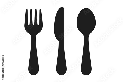Cutlery icon set of fork, knife, and spoon. Black tableware silhouette. Flatware vector illustration for restaurant menu, food, dinner, kitchen, and eating concepts.