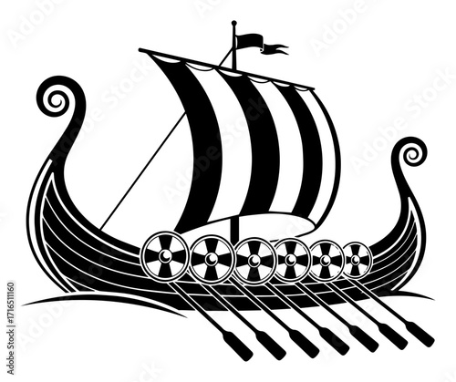Ancient Viking Longship Drakkar Sailing on the Sea black shape vector laser cutting engraving monochrome print
