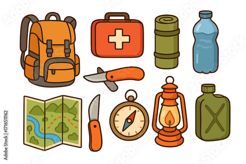 Set of hiking and camping equipment icons. Outdoor adventure and tourism gear. Backpack, map, compass, knife, first aid kit, lantern. Survival and travel items collection.
