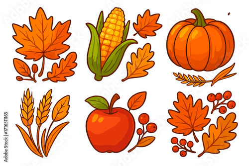 Fall harvest vector icon set. Autumn food illustration collection. Cartoon pumpkin, apple, corn, wheat, leaves, berries. Thanksgiving seasonal design elements for sticker.