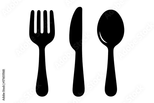 Cutlery icon set with fork, knife, and spoon. Black silhouette of tableware for restaurant menu or kitchen design. Flat vector illustration for food and dining concepts.