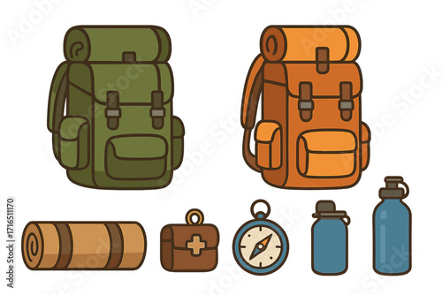Essential hiking gear set for outdoor adventure and camping. Vector travel equipment collection. Tourist backpack, compass, sleeping bag, water bottle, first aid kit icons.