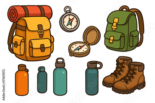 Hiking gear set. Vector collection of outdoor adventure equipment including backpack, compass, water bottle and boots. Camping travel items for exploration and tourism.
