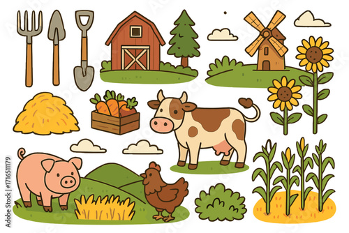 Farm life vector cartoon set. Cute agriculture collection with livestock animals like cow, pig, chicken. Rural landscape elements with barn, windmill, tools, corn, and carrots.