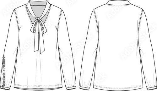 Vector technical fashion illustration of women’s blouse front and back view with tie neck, long sleeves, cuffs, seams, garment template drawing