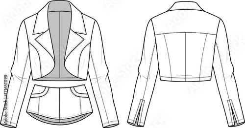 Vector technical fashion illustration of women’s cropped jacket front and back view with lapel collar, patch pockets, seams, garment template drawing