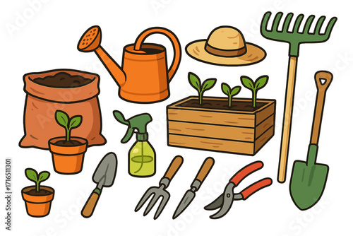 Gardening tools and equipment set for planting. Springtime home garden maintenance concept with seedlings, soil, pot, watering can, shovel, rake. Vector cartoon illustration.