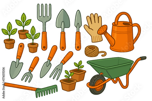Gardening tools equipment set vector cartoon illustration. Garden hobby collection with shovel, rake, fork, wheelbarrow, watering can, glove, seedlings for spring planting.