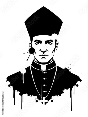 Grunge Portrait of a Catholic Priest Black Shape Vector Laser Cutting Engraving Monochrome Print