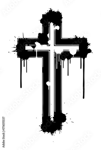 Christian Cross with Grunge Paint Splatters Black Shape Vector Laser Cutting Engraving Monochrome Print