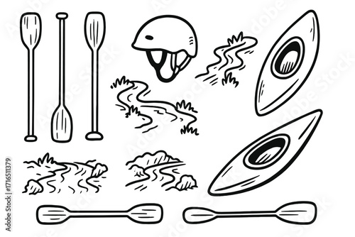 Kayak and canoe equipment icon set. Hand drawn vector doodle collection of paddles, helmet, river rapids, boat. Whitewater rafting, kayaking adventure elements isolated.