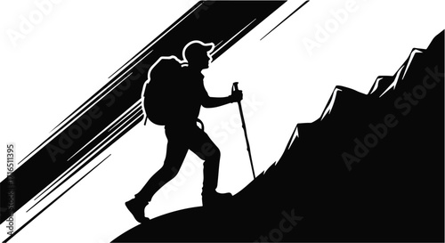 Silhouette of a determined hiker with a backpack and poles ascending a steep mountain slope under a dynamic sky.