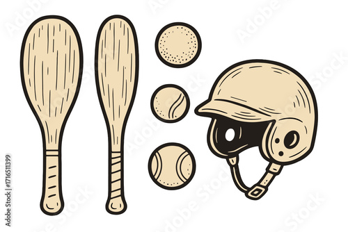 Hand-drawn pelota and baseball equipment set. Vector cartoon illustration of bats, balls, and helmet for sports design. Vintage style icons for Basque or American sports.