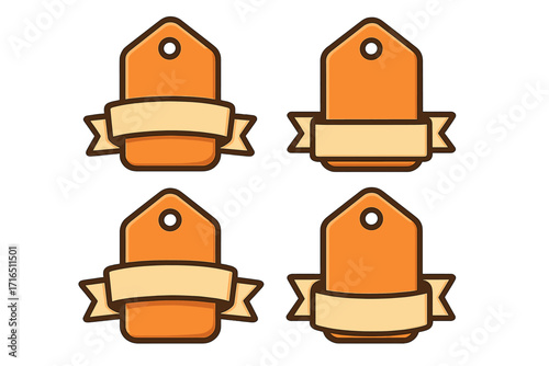 Vector set of price tags with ribbons. Blank label collection for promotion, sale, and discount. Empty badge icon for product branding. Cartoon graphic element for design.