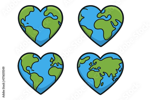 Heart shaped Earth globes vector icon set. Love your planet concept for Earth Day. Environmental awareness and eco friendly world conservation, ecology care cartoon illustrations.