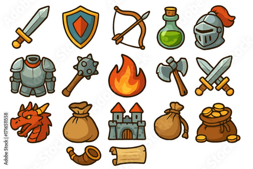 Medieval fantasy RPG icon set. Cartoon vector collection of game assets for adventure and battles. Includes sword, shield, dragon, castle, treasure, potion, and armor.