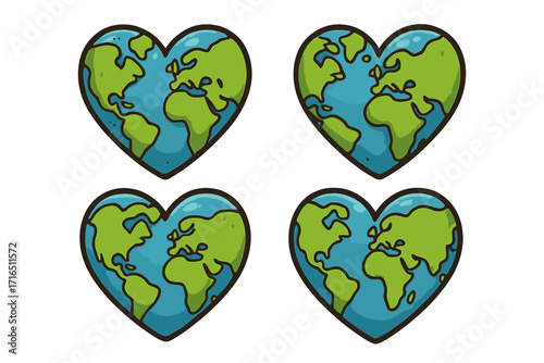 Heart shapes with global designs represent love for the planet. Earth day concept. Eco-friendly, environmental awareness symbol. Save the world. Vector cartoon illustration.
