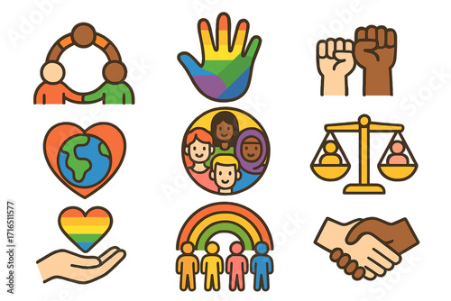 Diversity and inclusion icon set. Equality, multicultural community, and human rights concepts. LGBTQ pride, racial justice, and solidarity symbols. Vector cartoon illustration.