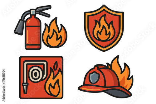 Fire safety icon set vector. Firefighter equipment symbols for emergency protection. Fire department icons. Extinguisher, hose, helmet, shield with flame. Hazard signs.
