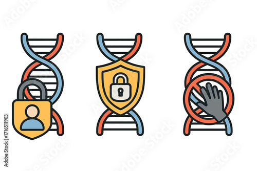 DNA security vector icon set. Genetic data privacy and protection concept. Gene information safety with lock and shield. Unauthorized access forbidden. Biotechnology symbol.