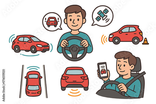 Advanced driver-assistance systems ADAS vector icon set. Car safety technology, autonomous driving, lane assist, collision avoidance, parking sensor, GPS navigation concept.