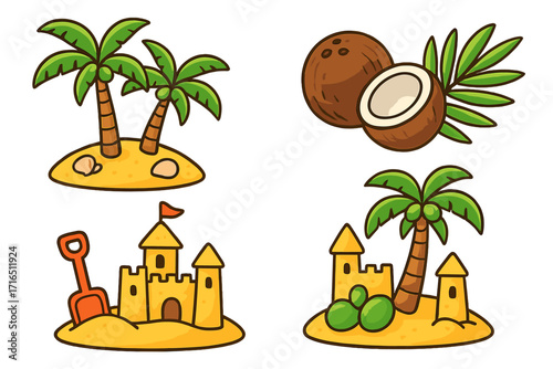 Tropical beach vacation icon set with palm trees, coconuts, and sandcastles. Cute summer island vector cartoon illustrations. Playful holiday travel clip art collection.