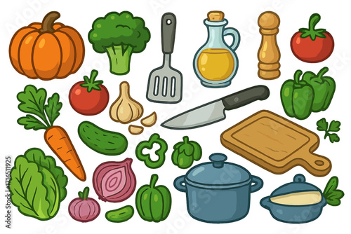 Vector set of cartoon cooking icons. Fresh vegetables and kitchen utensils for healthy meal prep. Food ingredients for a recipe illustration. Isolated graphic elements.