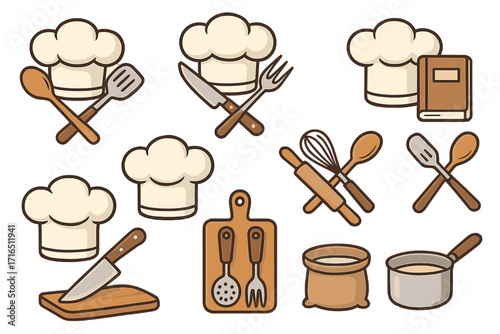 Cooking icon collection. Kitchen tools and chef hat vector set. Culinary equipment for restaurant logo. Knife, spoon, fork, whisk, rolling pin, pot, cutting board.