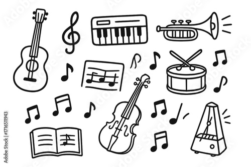 Hand-drawn musical instruments doodle set. Vector cartoon icons for music practice and education. Includes guitar, piano, violin, drum, trumpet, notes, and metronome sketch.