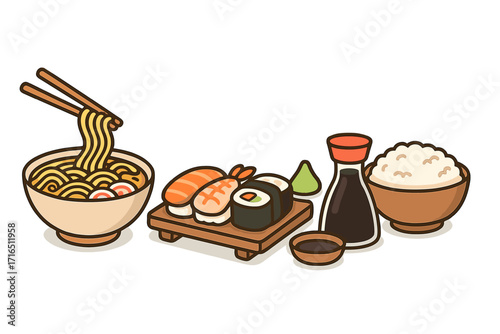 Japanese food set with sushi, ramen noodles, and rice bowl vector illustration. Asian cuisine cartoon collection with salmon, shrimp, wasabi, soy sauce for menu design.