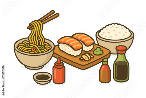 Asian food collection. Japanese cuisine illustration. Ramen noodle soup, salmon sushi nigiri, rice bowl. Chopsticks, wasabi, soy sauce. Restaurant menu vector icons.