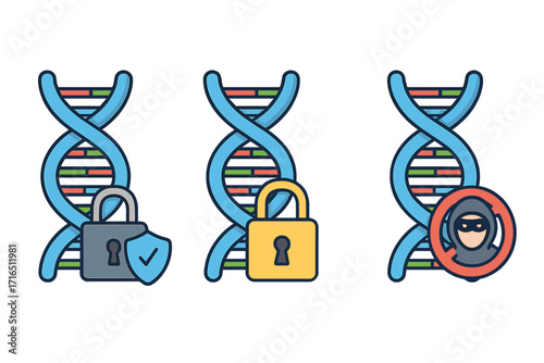 DNA security and genetic data privacy concept. Gene information protection from unauthorized access, hacker, and theft. Bioinformatics and cybersecurity vector icon set.