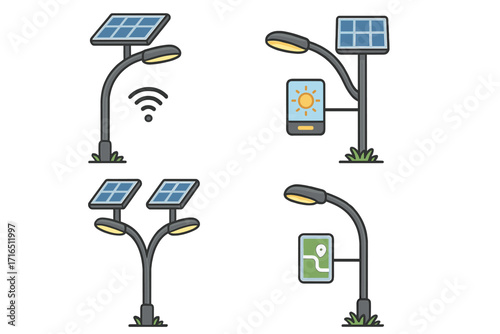 Set of smart streetlights with solar panels. Vector illustration of urban lighting. Renewable energy concept. Eco friendly technology with wifi, navigation map and display.