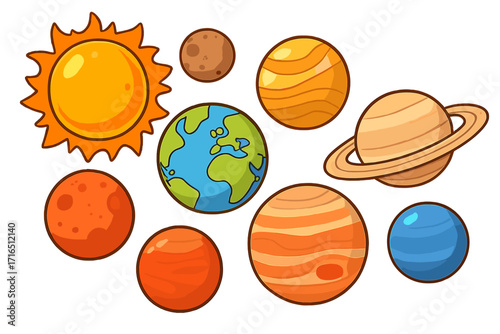 Solar system planets vector cartoon set. Cute colorful astronomy icons for kids. Space education graphic collection with Sun, Earth, Saturn, Jupiter, Mars, Neptune icons.