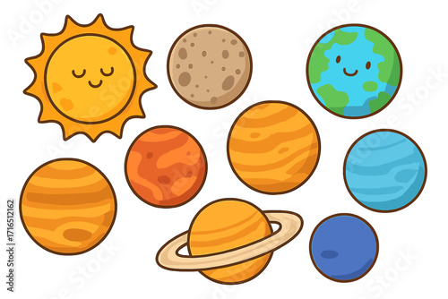 Cute cartoon solar system planets set. Kawaii smiling sun, earth, saturn, and jupiter. Kids educational astronomy vector illustration. Space collection for children.