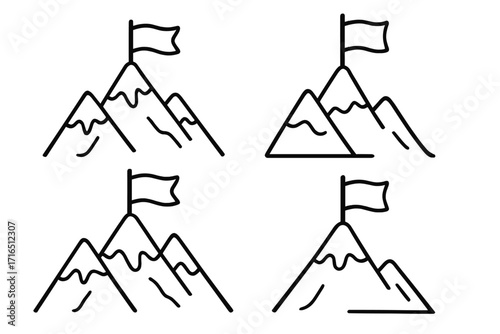 Mountain with flag on top line icon set. Success, goal achievement, victory, and mission accomplished concept. Reaching the peak of the mountain for business leadership.