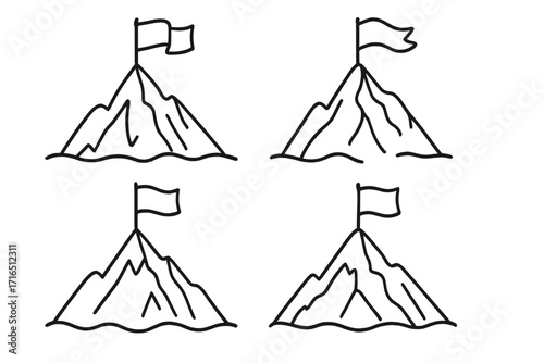 Mountain peak with flag icon set. Simple line art for success, goal achievement, and victory. Business mission accomplished concept. Leadership and reaching the top vector.