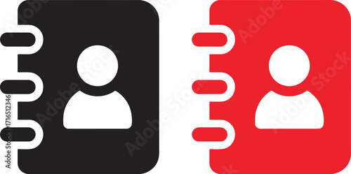 contact book, address book, icon, symbol, person, user, profile, contact, information, organization, list, directory, black, red, white background, flat design, vector, silhouette, notebook, organizer