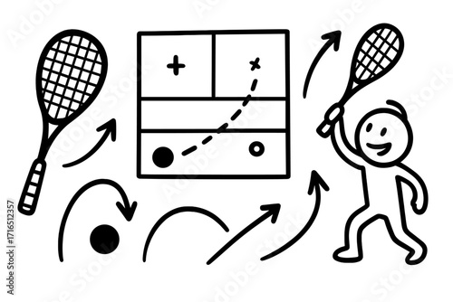 Squash sport game doodle icon set. Hand-drawn vector cartoon illustration of racket, ball, court plan, player, and strategy arrows. Training, match, and tactics concept.