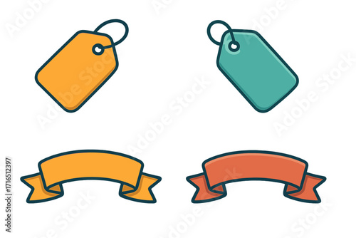 Set of colorful price tags and ribbon banners. Blank label and sale tag collection for retail, shopping, and discount promotion. Flat cartoon vector illustration isolated.