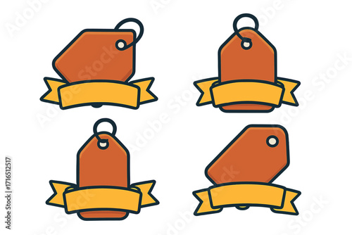 Price tag symbols with ribbon banners, flat style vector cartoon illustration set, blank tags for sales discounts coupons offers, isolated on transparent background, no text design elements