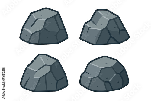 Rock stone cartoon vector icon set. Granite boulder collection. Nature element. Cobblestone mineral pile. Flat game asset illustration. Prehistoric geology symbol. Solid object.