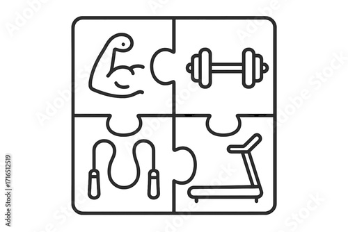 Fitness motivation puzzle vector—muscular arm, dumbbell, treadmill, jump rope—line art gym equipment, exercise icons, sport activity symbols, healthy lifestyle concept, black outline illustration